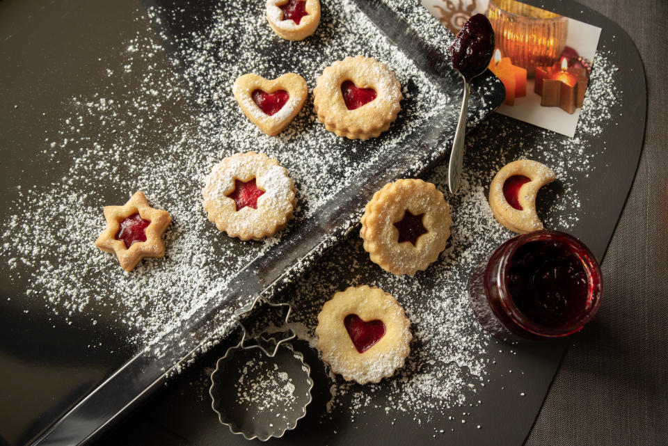 Food and cooking category a selection of jam shortbread biscuits are ready to make the perfect afternoon snack, by Laura Amos in Heilbronn, Germany